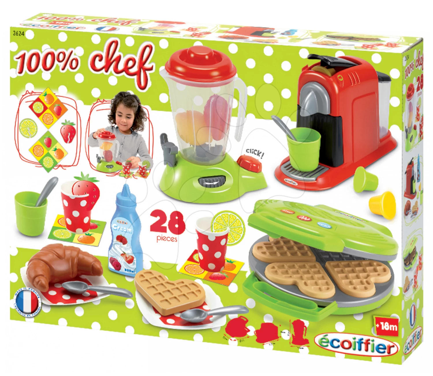 ECOIFFIER Waffeleisen 100% Chef Écoiffier Mit Mixer, Kaffeemaschine Und Waffeln Mit 28 Zubehörteilen Grün – Bild 7