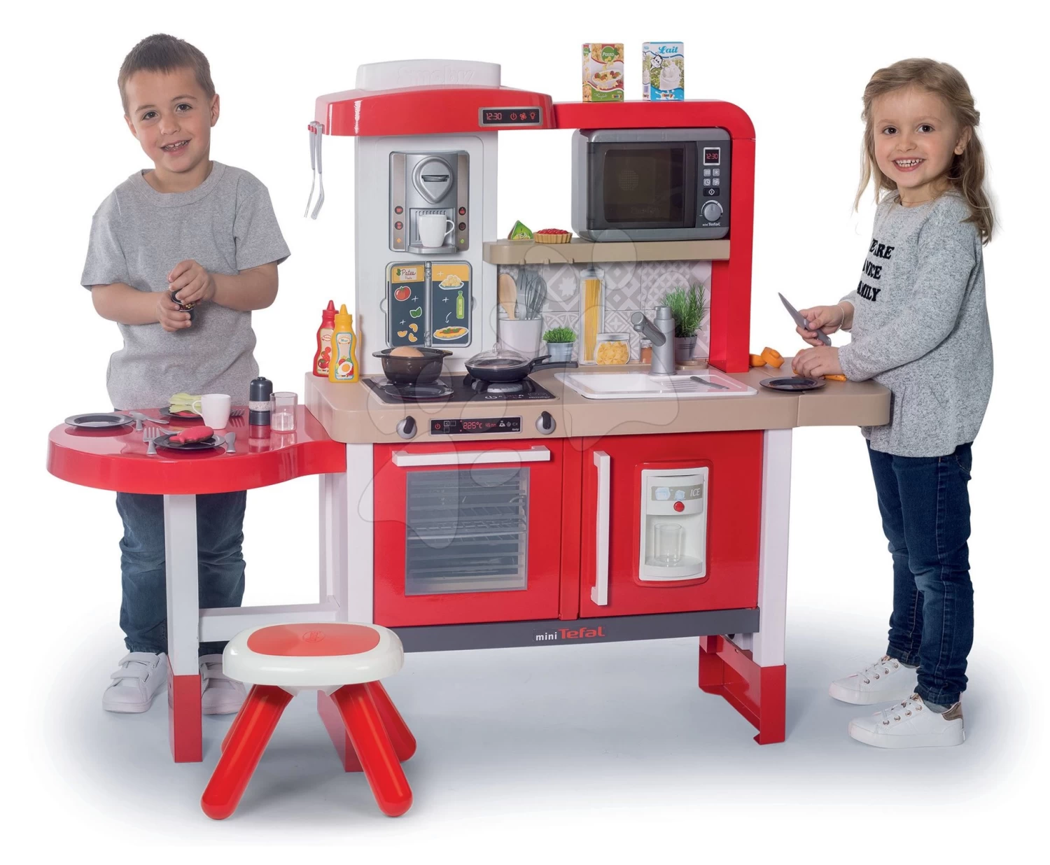 Set Küche Erweitbar Mit Fließendem Wasser Und Mikrowelle Tefal Evolutive Smoby Und Ein 100-teiliges Set Obst, Gemüse Und Lebensmittel Als Geschenk – Bild 8
