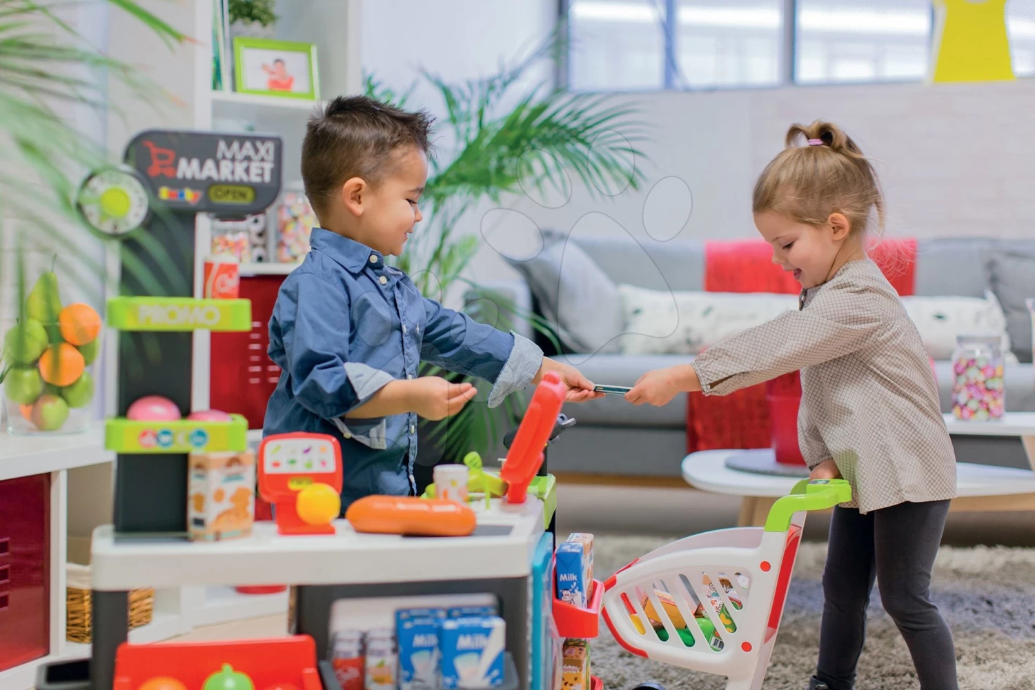 Set Elektronische Küche Mit Waschmaschine Und Bügelbrett Tefal Cleaning Kitchen 360° Smoby Und Ein Geschäft Mit Elektronischer Registrierkasse Und Lebensmittel Mit Geschirr SM311050-15 – Bild 6