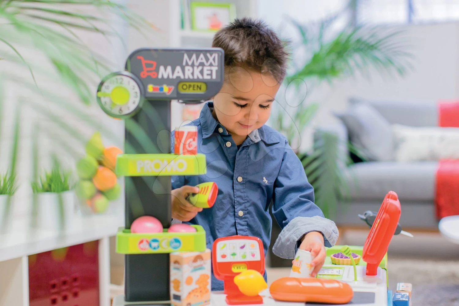 Set Elektronische Küche Mit Waschmaschine Und Bügelbrett Tefal Cleaning Kitchen 360° Smoby Und Ein Geschäft Mit Elektronischer Registrierkasse Und Lebensmittel Mit Geschirr SM311050-15 – Bild 11